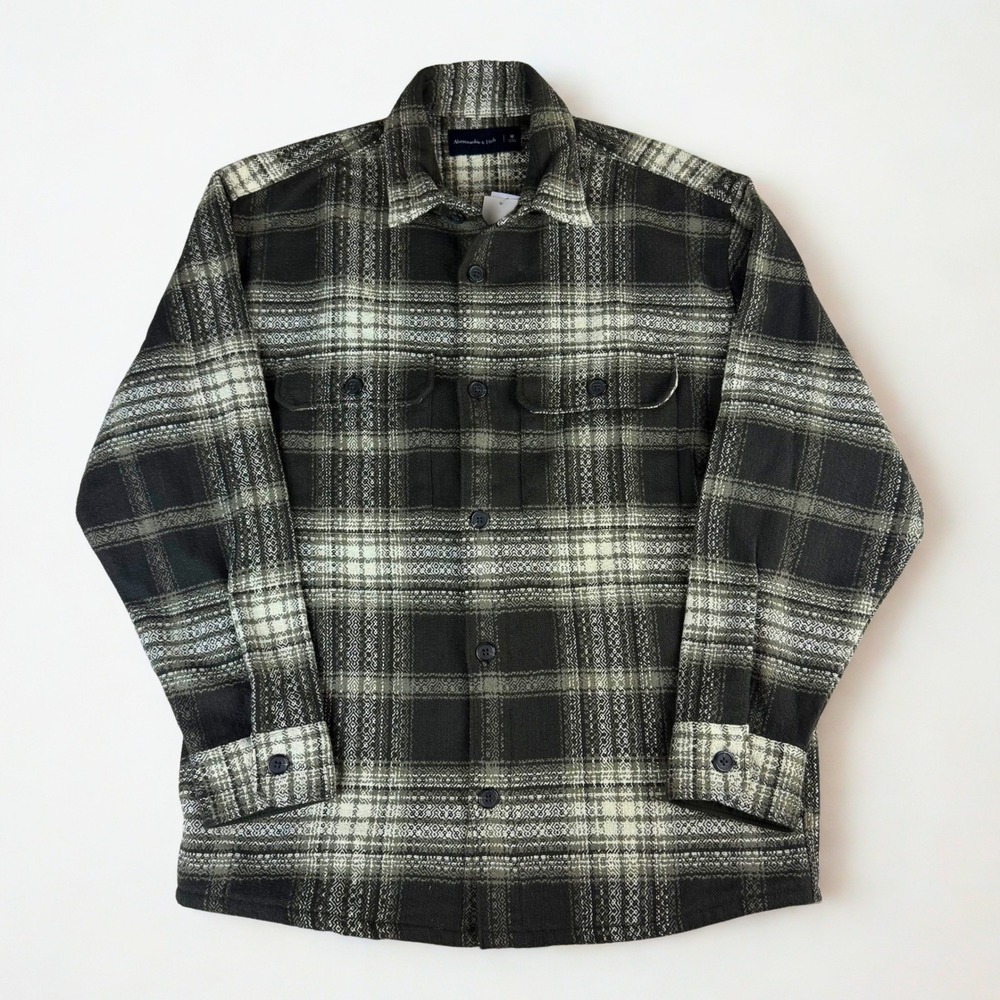 Abercrombie & Fitch Flannel Shirt Jacket Mens‎ M Olive Green Plaid Shacket NWT